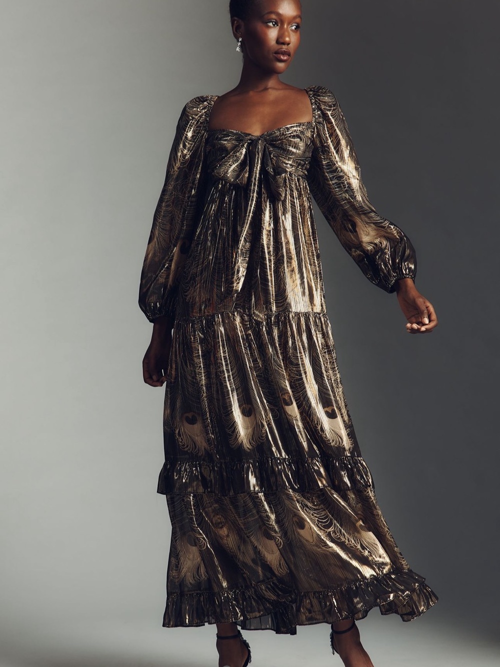 NWT - Long-Sleeve Metallic Babydoll Midi Dress